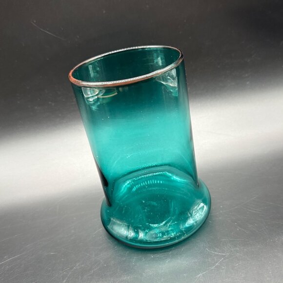 Vintage Hand Blown Teal Glass Vase Candle Holder Cadmium Glow Handmade Art Green - Picture 1 of 11